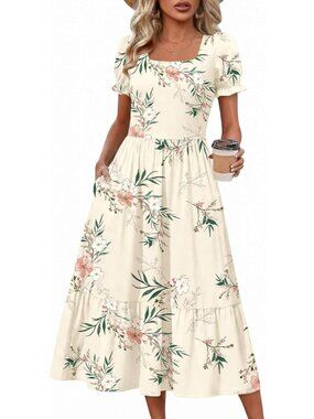 Zeagoo Women's White Floral Flowy Casual Short Sleeve Tiered Midi Maxi Dress
